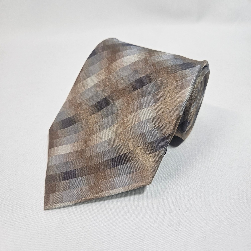 DOCKERS Mens Silk Blend Tie Plaid Pattern Brown‎ Grey Formal Business